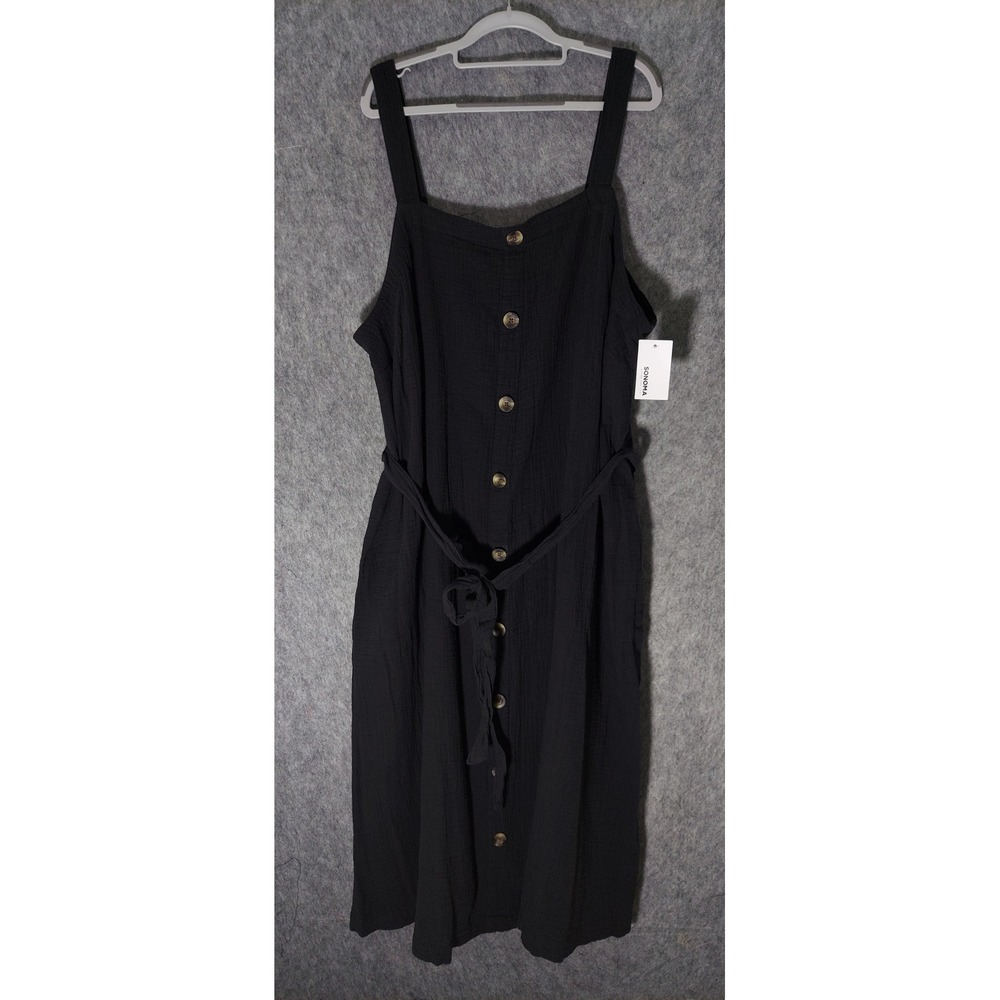 Sonoma Cotton Gauze Button Midi Dress 2X Smock Black Pockets BreathableBelted